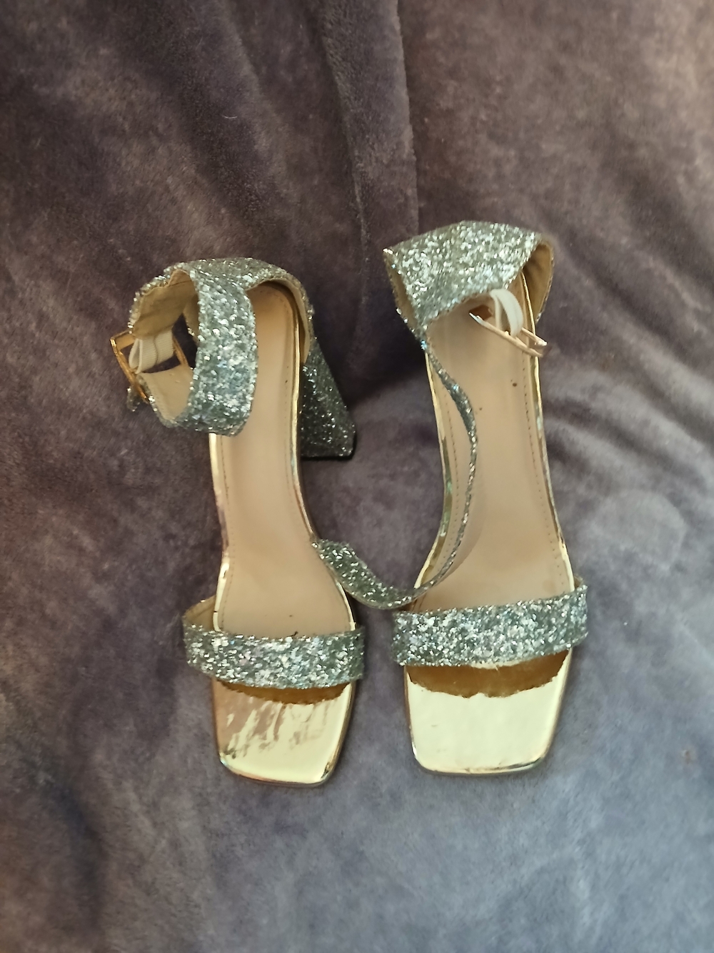 Glitter Ankle-Strap Block Heel Sandals - Silver
